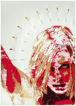 Also at Black & White, a detail of a cross-stitch by Alicia Ross, from 2008: 'Sacred_Profane.'